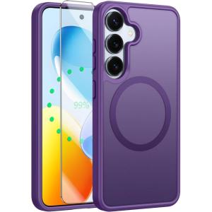 FNTCASE for Samsung Galaxy S25 Case: Magnetic Matte Textured Military Grade Drop Protection Translucent Cell Phone Cover – Slim Rugged Durable Shockproof Protective Bumper Cases- 6.2 inches(Black)(Purple)