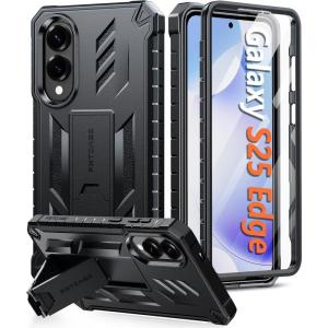 FNTCASE for Samsung Galaxy S25-Edge Case: Military Grade Drop Proof Protection Mobile Cover with Kickstand | Matte Textured Rugged Shockproof TPU | Protective Sturdy Phonecase – Black(Black)