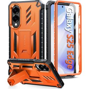 FNTCASE for Samsung Galaxy S25-Edge Case: Military Grade Drop Proof Protection Mobile Cover with Kickstand | Matte Textured Rugged Shockproof TPU | Protective Sturdy Phonecase – Black(Orange)