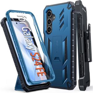 FNTCASE for Samsung Galaxy S25-Edge Case: Military Grade Rugged Cell Phone Cover with Kickstand & Belt Clip Holster | Shockproof TPU Protection Bumper Matte Textured | Heavy Duty Protector (Black)(Blue)