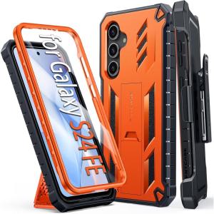 FNTCASE for Samsung Galaxy S25-Edge Case: Military Grade Rugged Cell Phone Cover with Kickstand & Belt Clip Holster | Shockproof TPU Protection Bumper Matte Textured | Heavy Duty Protector (Black)(Orange)