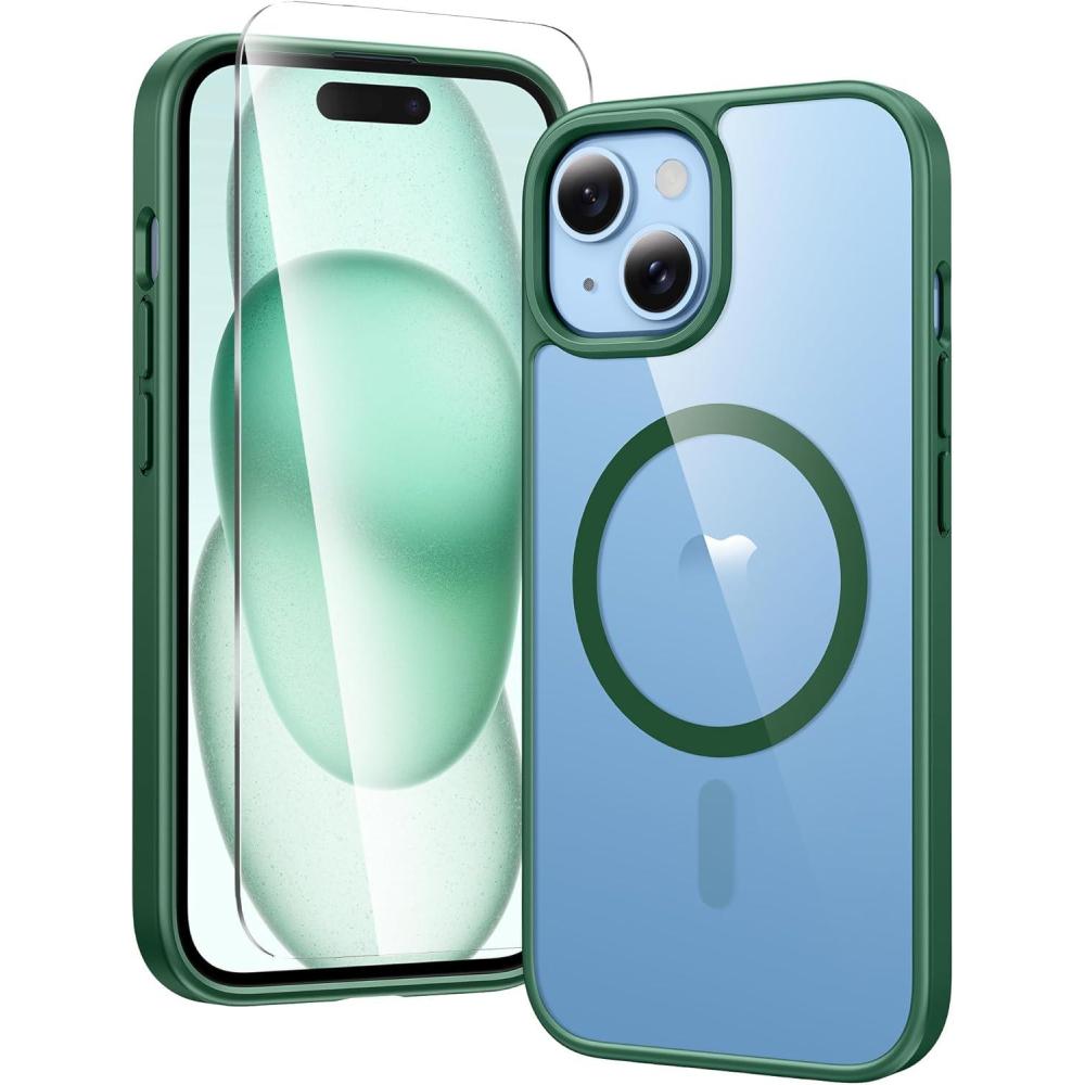 imageFNTCASE for iPhone 15 Case for iPhone 14 Case  Support Magnetic Charging Military Grade Drop Protection Anti Yellowing  Rugged Sturdy Shockproof Protective Cell Phone Cover  61 inch Green