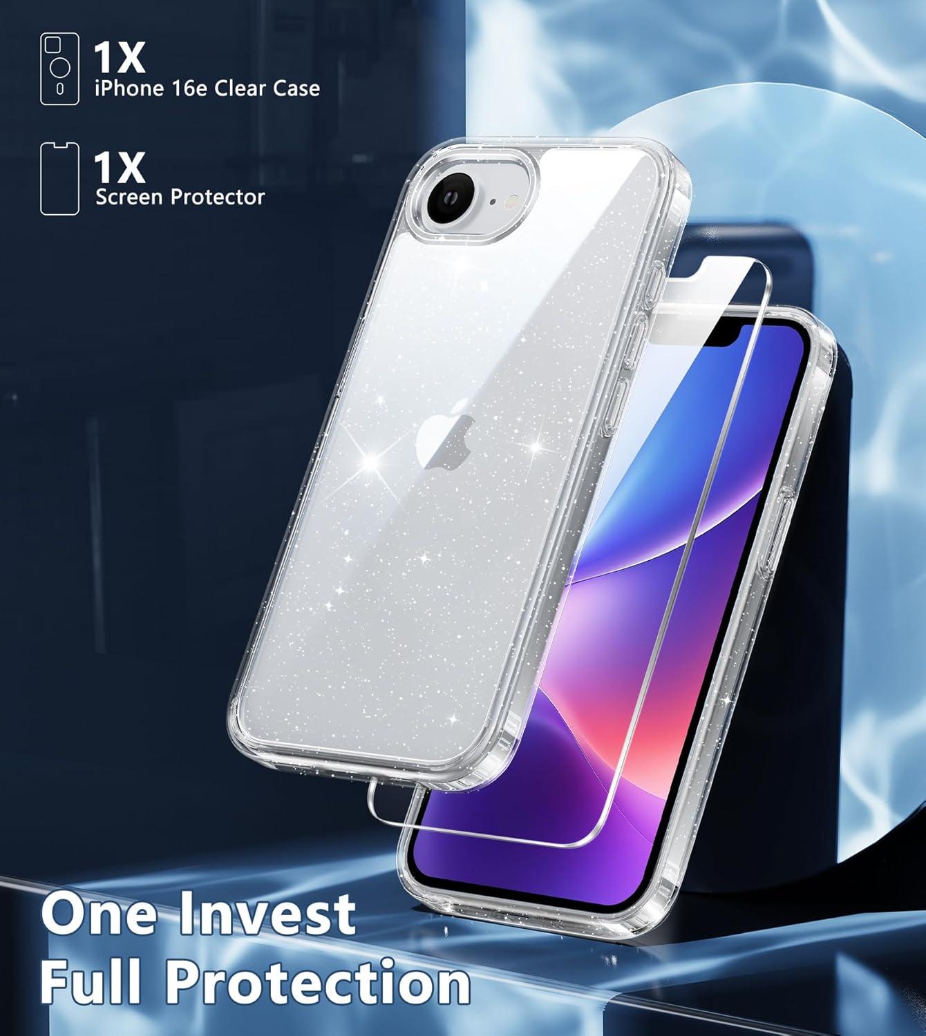 imageFNTCASE for iPhone 16e Case Glitter for iPhone 16E 2025 Bling Sparkle Clear Anti Yellowing Rugged Case Military Grade Protection Slim Cases ScratchResistant Transparent Cell Phone Cover ShinyClear Glitter