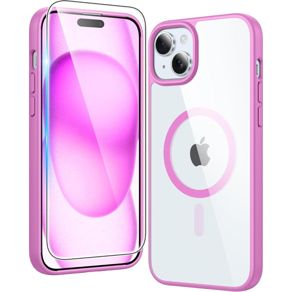 imageFNTCASE for iPhone 15 Case Clear iPhone 1413 Case Magnetic Phone Cases with Screen Protector Compatible with Magsafe Slim Anti Yellowing Rugged Protective Transparent Cell Cover BPink