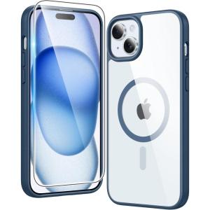 FNTCASE for iPhone 15 Case Clear: iPhone 14/13 Case Magnetic Phone Cases with Screen Protector Compatible with Magsafe Slim Anti Yellowing Rugged Protective Transparent Cell Cover (B-Blue)