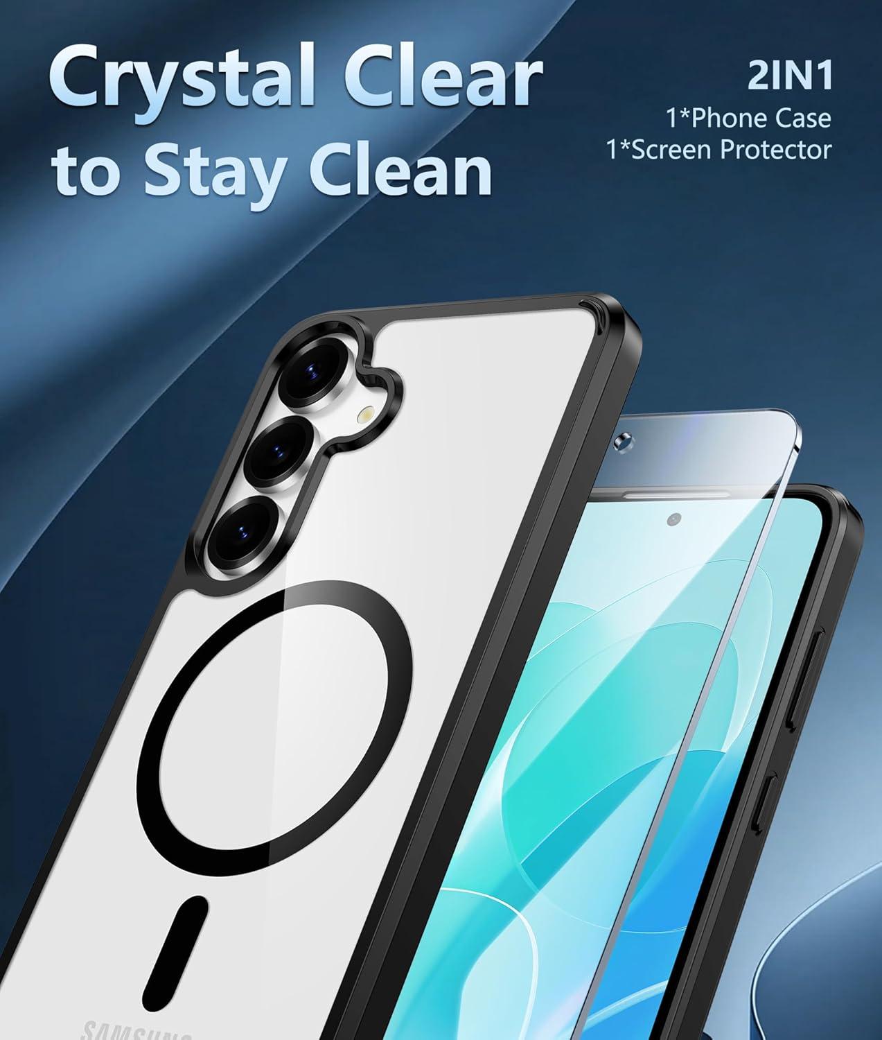 imageFNTCASE for Samsung Galaxy S25FE Case Magnetic Clear Military Grade Drop Protection Anti Yellowing Cell Phone Cover Rugged Shockproof Protective Bumper Transparent PhonecaseBlack Magnetic