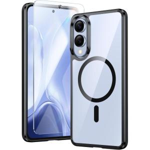 FNTCASE for Samsung Galaxy S25-FE Case: Magnetic Clear Military Grade Drop Protection Anti Yellowing Cell Phone Cover – Rugged Shockproof Protective Bumper Transparent Phonecase(Black Magnetic)