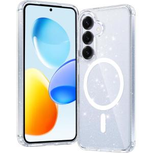 FNTCASE for Samsung Galaxy S25-FE Case: Magnetic Clear Military Grade Drop Protection Anti Yellowing Cell Phone Cover – Rugged Shockproof Protective Bumper Transparent Phonecase(Magnetic Glitter)