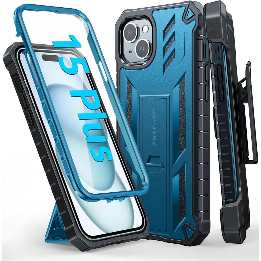 imageFNTCASE for iPhone 15 Plus Case Drop Protection Rugged BeltClip Holster ampamp Kickstand Military Grade Matte Textured TPU Shockproof Durable Protective Phone Cover 67 inchBlue