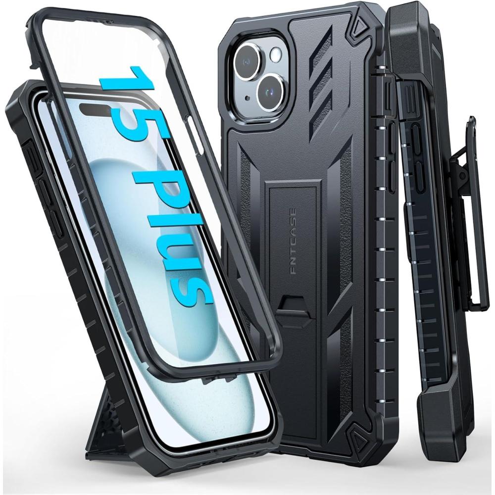 imageFNTCASE for iPhone 15 Plus Case Drop Protection Rugged BeltClip Holster ampamp Kickstand Military Grade Matte Textured TPU Shockproof Durable Protective Phone Cover 67 inchBlack