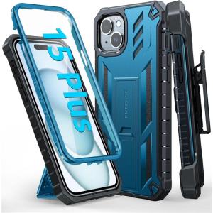 FNTCASE for iPhone 15 Plus Case: Drop Protection Rugged Belt-Clip Holster & Kickstand Military Grade Matte Textured TPU Shockproof Durable Protective Phone Cover 6.7 inch(Blue)