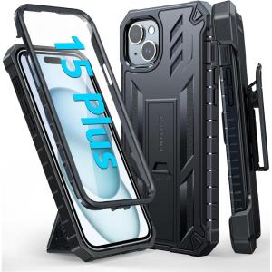 FNTCASE for iPhone 15 Plus Case: Drop Protection Rugged Belt-Clip Holster & Kickstand Military Grade Matte Textured TPU Shockproof Durable Protective Phone Cover 6.7 inch(Black)
