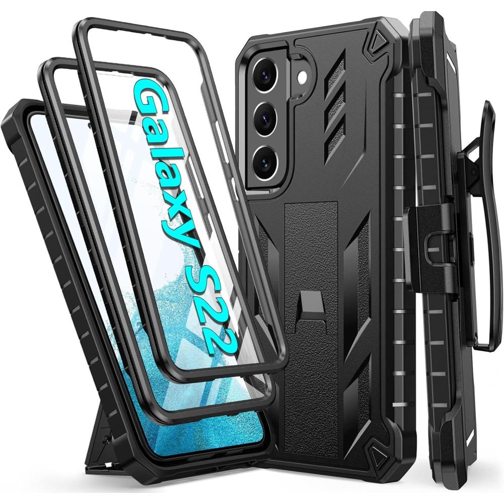 imageFNTCASE for Samsung Galaxy S22 Protective Case Military Grade Protection Rugged AntiDrop Case with BeltClip Holster ampamp Kickstand  Full Shockproof Sturdy Durable Bumper Textured Cell Phone CoverS22  Black