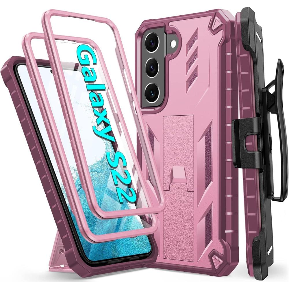 imageFNTCASE for Samsung Galaxy S22 Protective Case Military Grade Protection Rugged AntiDrop Case with BeltClip Holster ampamp Kickstand  Full Shockproof Sturdy Durable Bumper Textured Cell Phone CoverS22  Pink