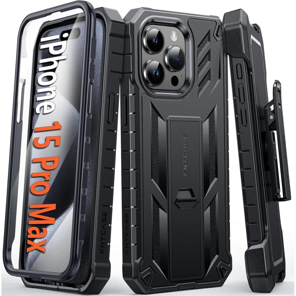imageFNTCASE for iPhone 15ProMax Phone Case 67quot Builtin Screen Protector ampamp Kickstand ampamp BeltClip Heavy Duty Military Grade Shockproof Protection Rugged Case  BlackBlack