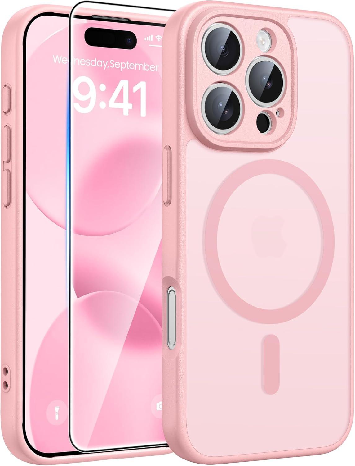 imageFNTCASE for iPhone 17 Case Compatible with Magsafe Translucent Matte Cases with Full Camera Protection Screen Protector Military Grade Shockproof Protective Phone Cover Light PurpleLight Pink