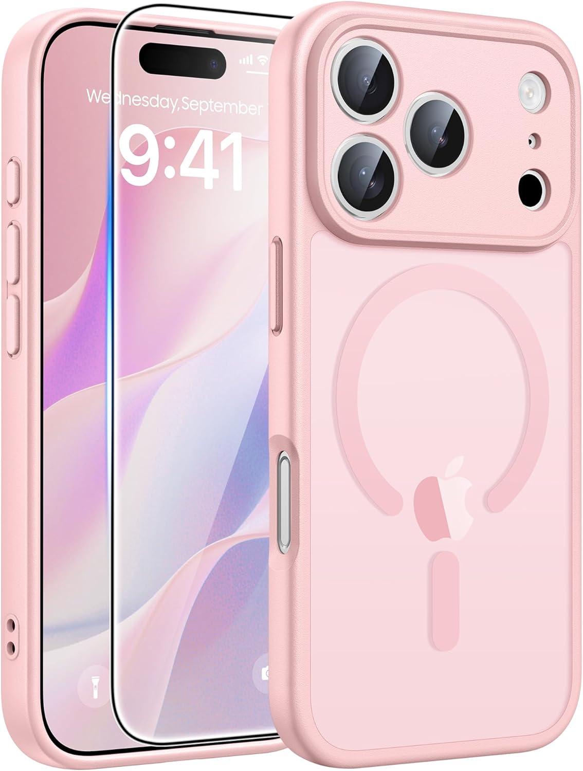 imageFNTCASE for iPhone 17 Case Compatible with Magsafe Translucent Matte Cases with Full Camera Protection Screen Protector Military Grade Shockproof Protective Phone Cover Light PurpleLight Pink