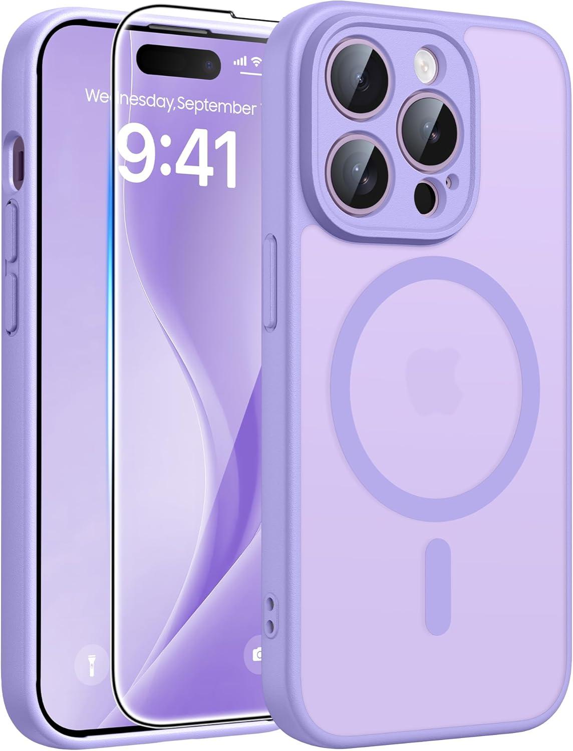imageFNTCASE for iPhone 17 Case Compatible with Magsafe Translucent Matte Cases with Full Camera Protection Screen Protector Military Grade Shockproof Protective Phone Cover Light PurpleLight Purple