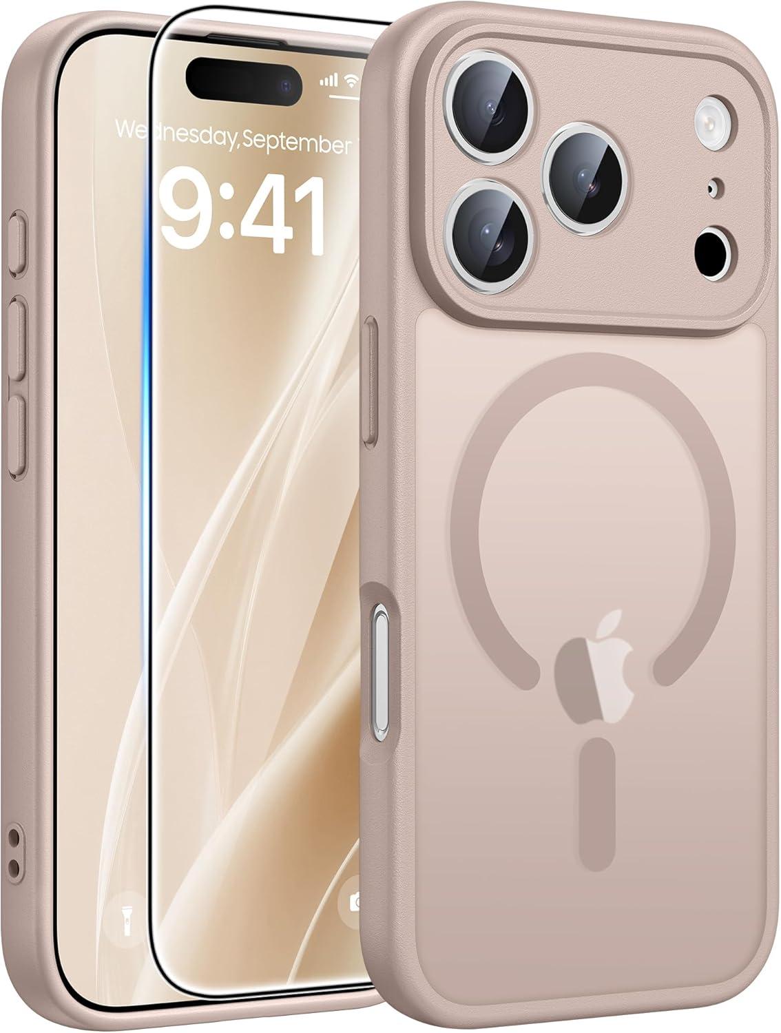 imageFNTCASE for iPhone 17 Case Compatible with Magsafe Translucent Matte Cases with Full Camera Protection Screen Protector Military Grade Shockproof Protective Phone Cover Light PurpleDesert Gold