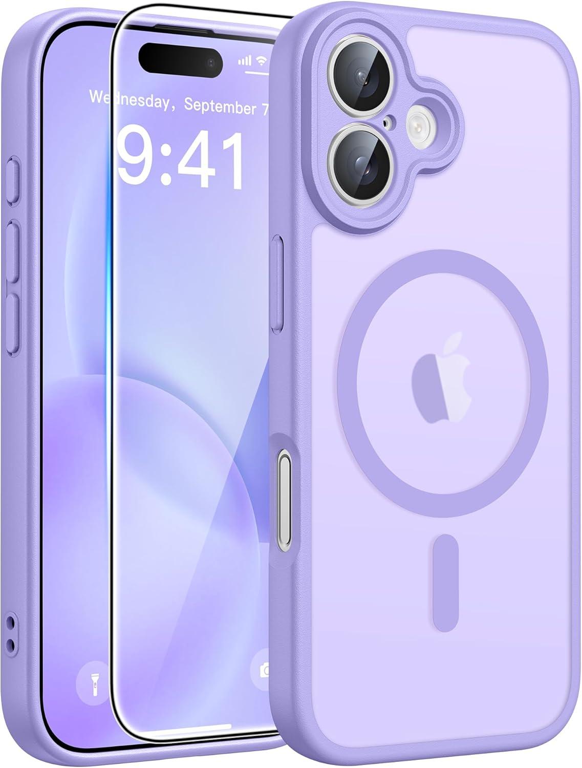imageFNTCASE for iPhone 17 Case Compatible with Magsafe Translucent Matte Cases with Full Camera Protection Screen Protector Military Grade Shockproof Protective Phone Cover Light PurpleLight Purple