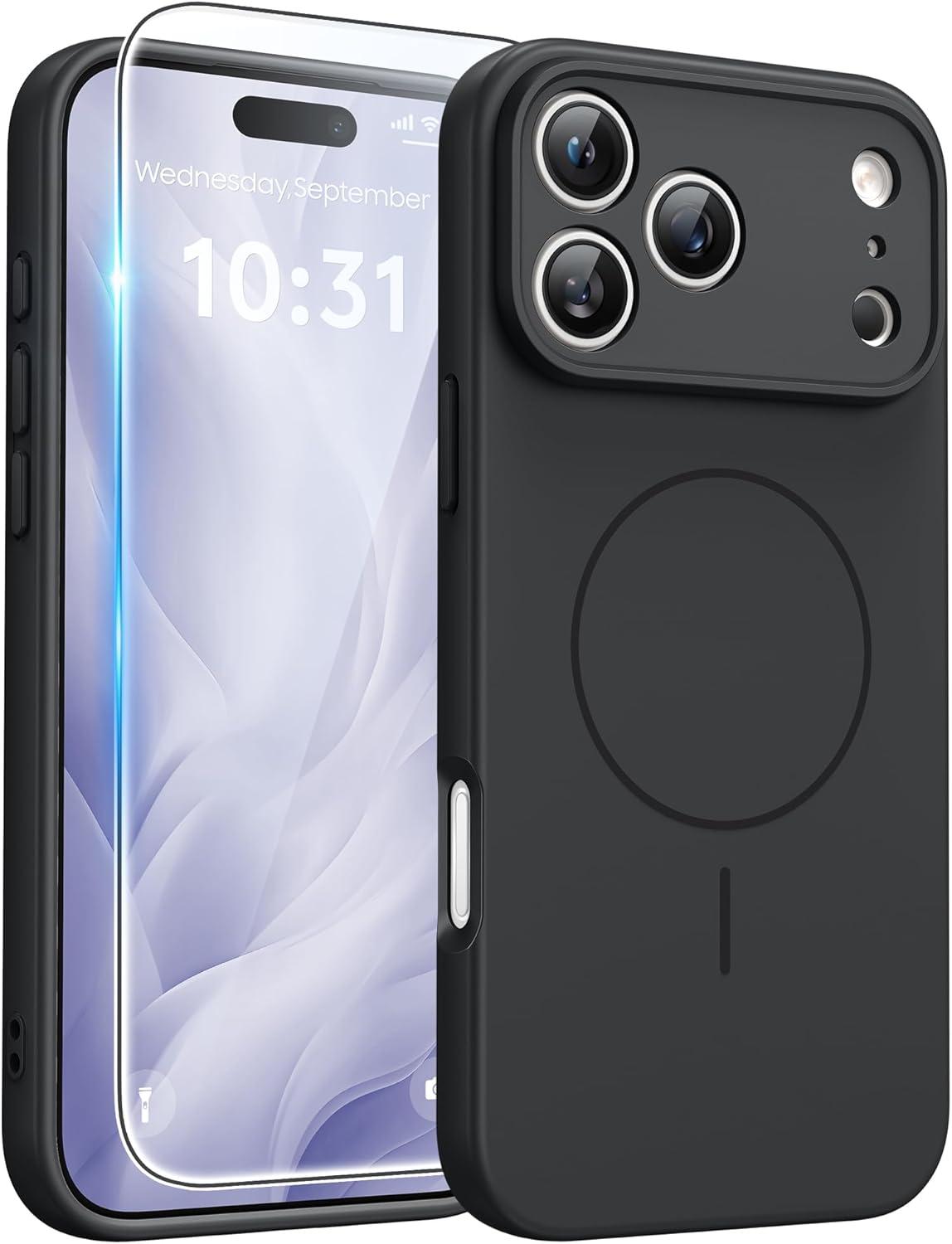 imageFNTCASE for iPhone 17 Case Compatible with Magsafe Translucent Matte Cases with Full Camera Protection Screen Protector Military Grade Shockproof Protective Phone Cover Light PurpleFull Black