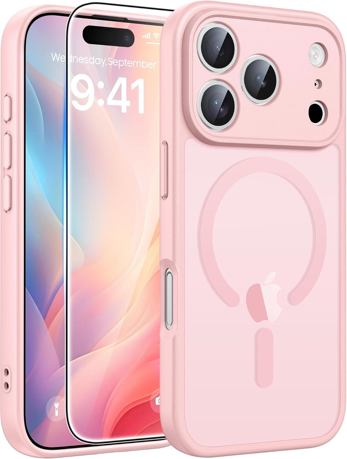 imageFNTCASE for iPhone 17 Case Compatible with Magsafe Translucent Matte Cases with Full Camera Protection Screen Protector Military Grade Shockproof Protective Phone Cover Light PurpleLight Pink