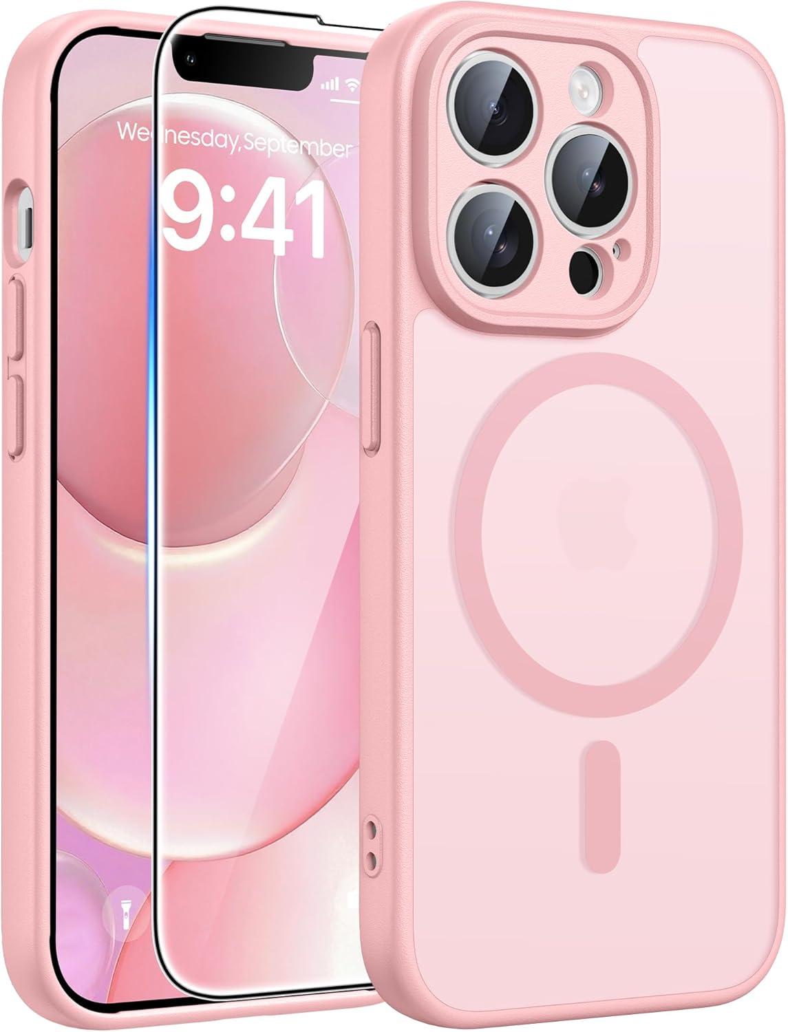 imageFNTCASE for iPhone 17 Case Compatible with Magsafe Translucent Matte Cases with Full Camera Protection Screen Protector Military Grade Shockproof Protective Phone Cover Light PurpleLight Pink