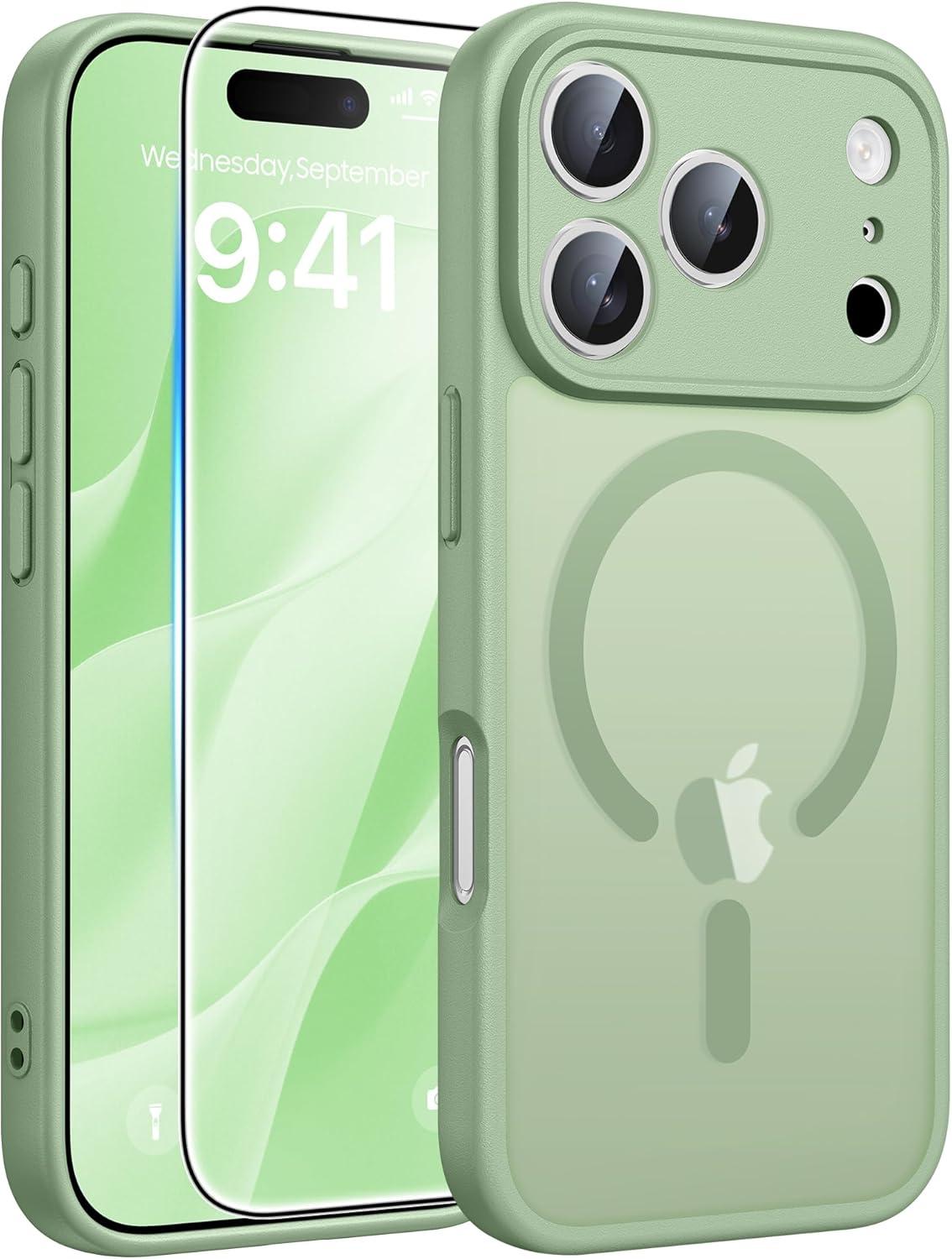 imageFNTCASE for iPhone 17 Case Compatible with Magsafe Translucent Matte Cases with Full Camera Protection Screen Protector Military Grade Shockproof Protective Phone Cover Light PurpleLight Moss