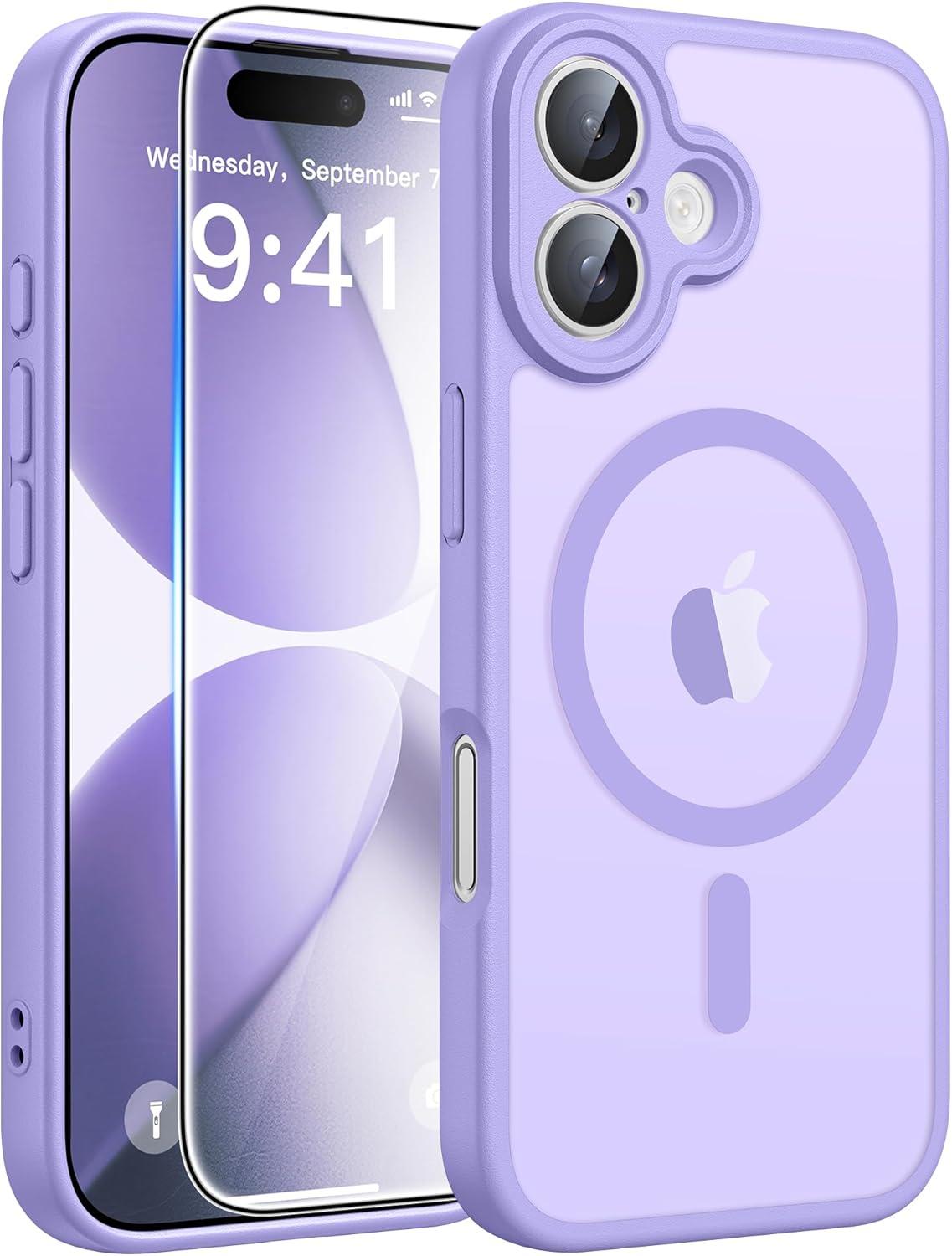 imageFNTCASE for iPhone 17 Case Compatible with Magsafe Translucent Matte Cases with Full Camera Protection Screen Protector Military Grade Shockproof Protective Phone Cover Light PurpleLight Purple