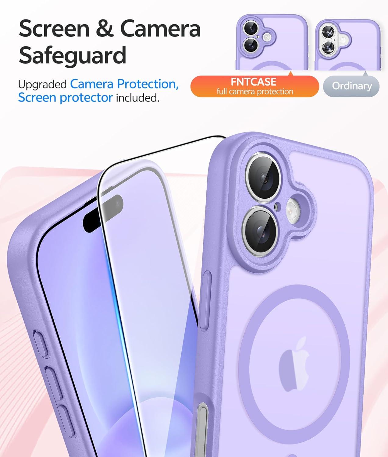 imageFNTCASE for iPhone 17 Case Compatible with Magsafe Translucent Matte Cases with Full Camera Protection Screen Protector Military Grade Shockproof Protective Phone Cover Light PurpleLight Purple