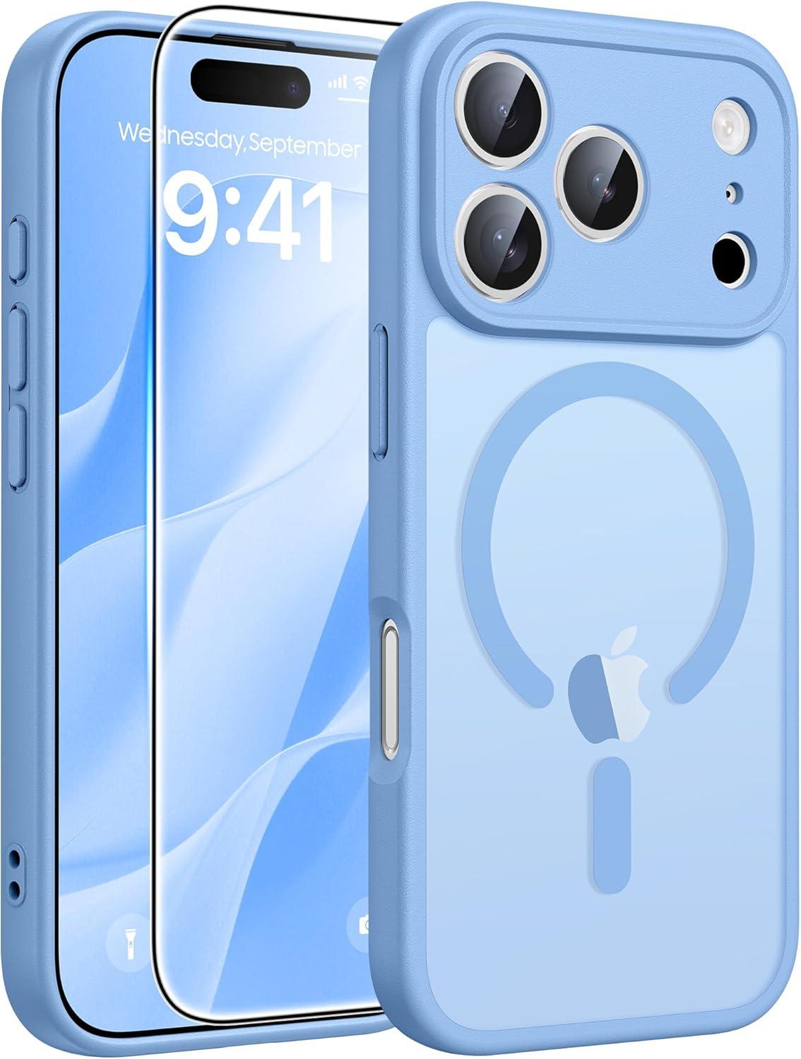 imageFNTCASE for iPhone 17 Case Compatible with Magsafe Translucent Matte Cases with Full Camera Protection Screen Protector Military Grade Shockproof Protective Phone Cover Light PurpleLight Blue
