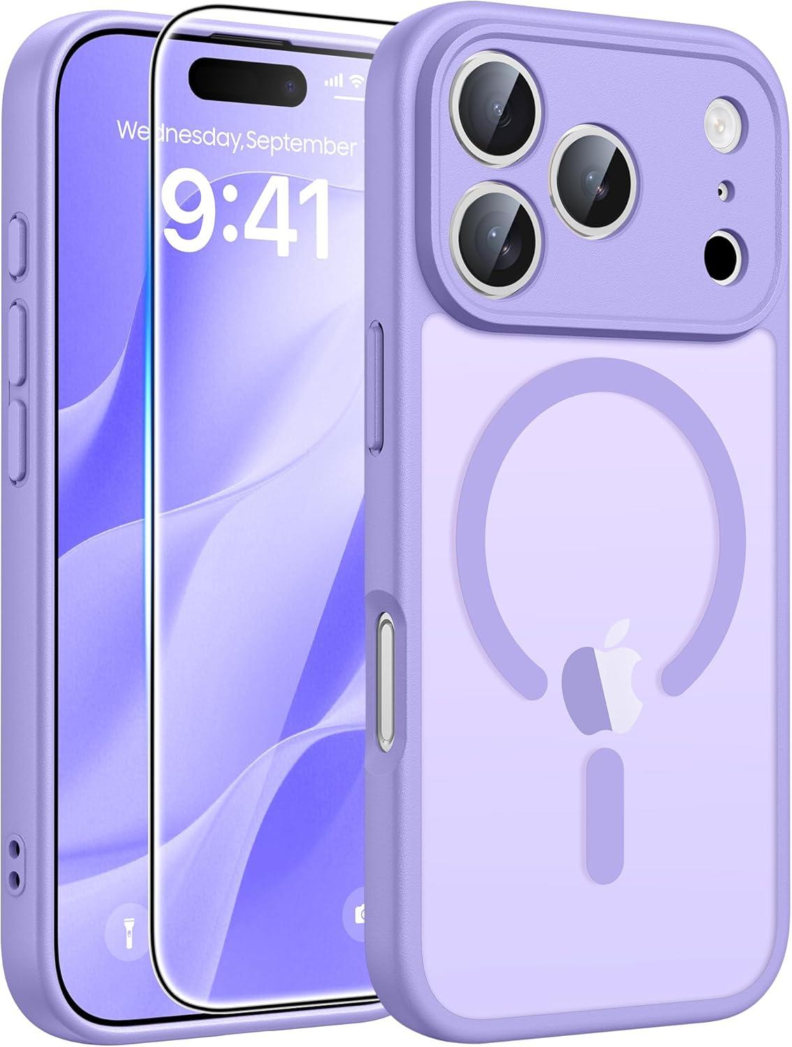 imageFNTCASE for iPhone 17 Case Compatible with Magsafe Translucent Matte Cases with Full Camera Protection Screen Protector Military Grade Shockproof Protective Phone Cover Light PurpleLight Purple