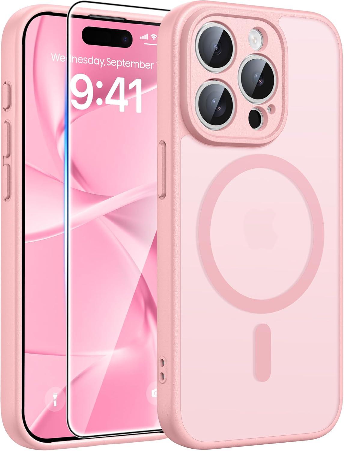 imageFNTCASE for iPhone 17 Case Compatible with Magsafe Translucent Matte Cases with Full Camera Protection Screen Protector Military Grade Shockproof Protective Phone Cover Light PurpleLight Pink