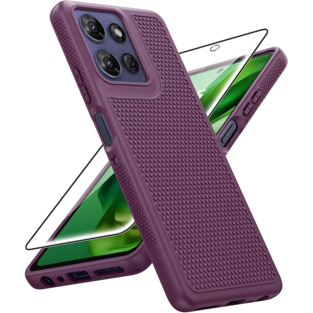 imageFNTCASE for Moto GPower 2026 Case Motorola Moto G Power 2025 Case Military Grade Drop Protection 14ft Drop Tested Screen Protector Included AntiSlip Textured TPU Shockproof Phone Cover BlackBurgundy