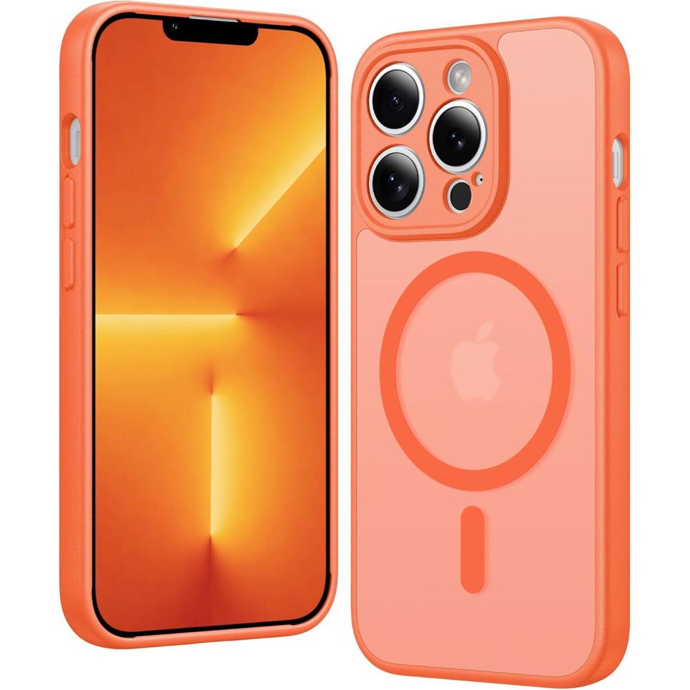 imageFNTCASE for iPhone 13 ProMax Case Matte Magnetic Phone Cases Compatible with Magsafe Slim Anti Yellowing Military Grade Drop Protection Rugged Protective Translucent Cell Cover COrange