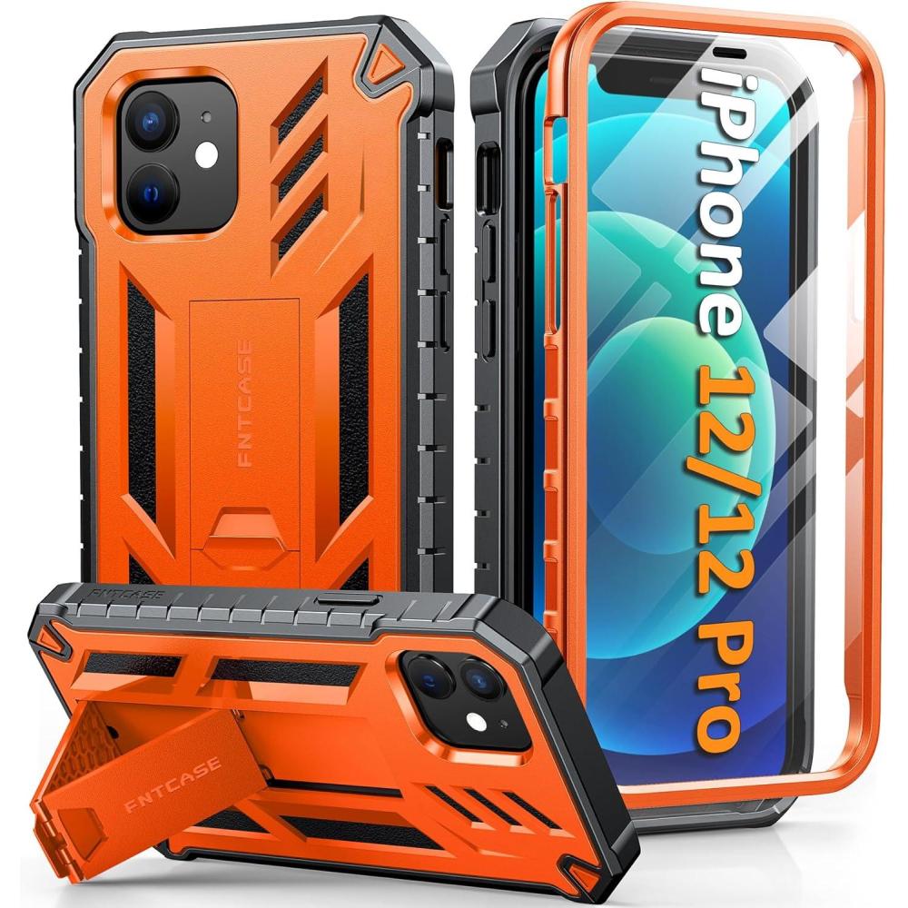 imageFNTCASE for iPhone 12 Phone Case for iPhone 12 Pro Phone Case Military Grade Drop Proof Rugged Protective Cover with Kickstand Matte Textured Shockproof TPU Hybrid Bumper Cases 61 inch BlackOrange