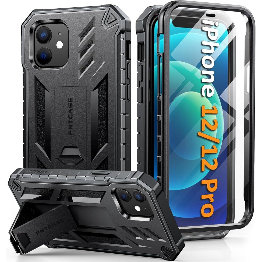 imageFNTCASE for iPhone 12 Phone Case for iPhone 12 Pro Phone Case Military Grade Drop Proof Rugged Protective Cover with Kickstand  Matte Textured Shockproof TPU Hybrid Bumper Cases 61 inch  BlackBlack