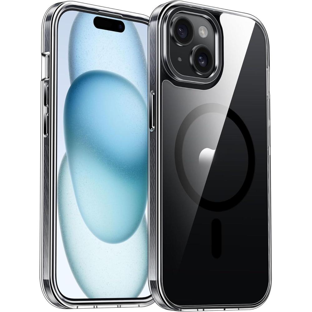 imageFNTCASE for iPhone 15 Plus Case Clear Magnetic Phone Cases Compatible with Magsafe Slim Anti Yellowing Military Grade Drop Protection Rugged Protective Transparent Cell Phone Cover CA PinkDBlack Magnetic