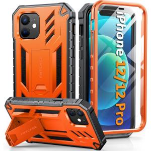 FNTCASE for iPhone 12 Phone Case: for iPhone 12 Pro Phone Case Military Grade Drop Proof Rugged Protective Cover with Kickstand | Matte Textured Shockproof TPU Hybrid Bumper Cases 6.1 inch – Black(Orange)