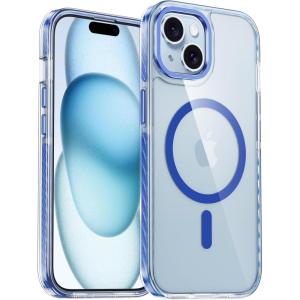 FNTCASE for iPhone 15 Plus Case: Clear Magnetic Phone Cases Compatible with Magsafe Slim Anti Yellowing Military Grade Drop Protection Rugged Protective Transparent Cell Phone Cover (C-A Pink)(D-Blue Magnet)