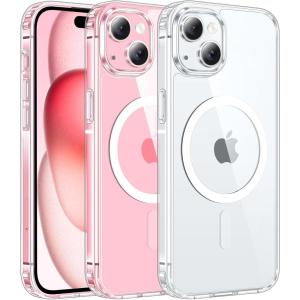 FNTCASE for iPhone 15 Plus Case: Clear Magnetic Phone Cases Compatible with Magsafe Slim Anti Yellowing Military Grade Drop Protection Rugged Protective Transparent Cell Phone Cover (C-A Pink)(A-Clear)