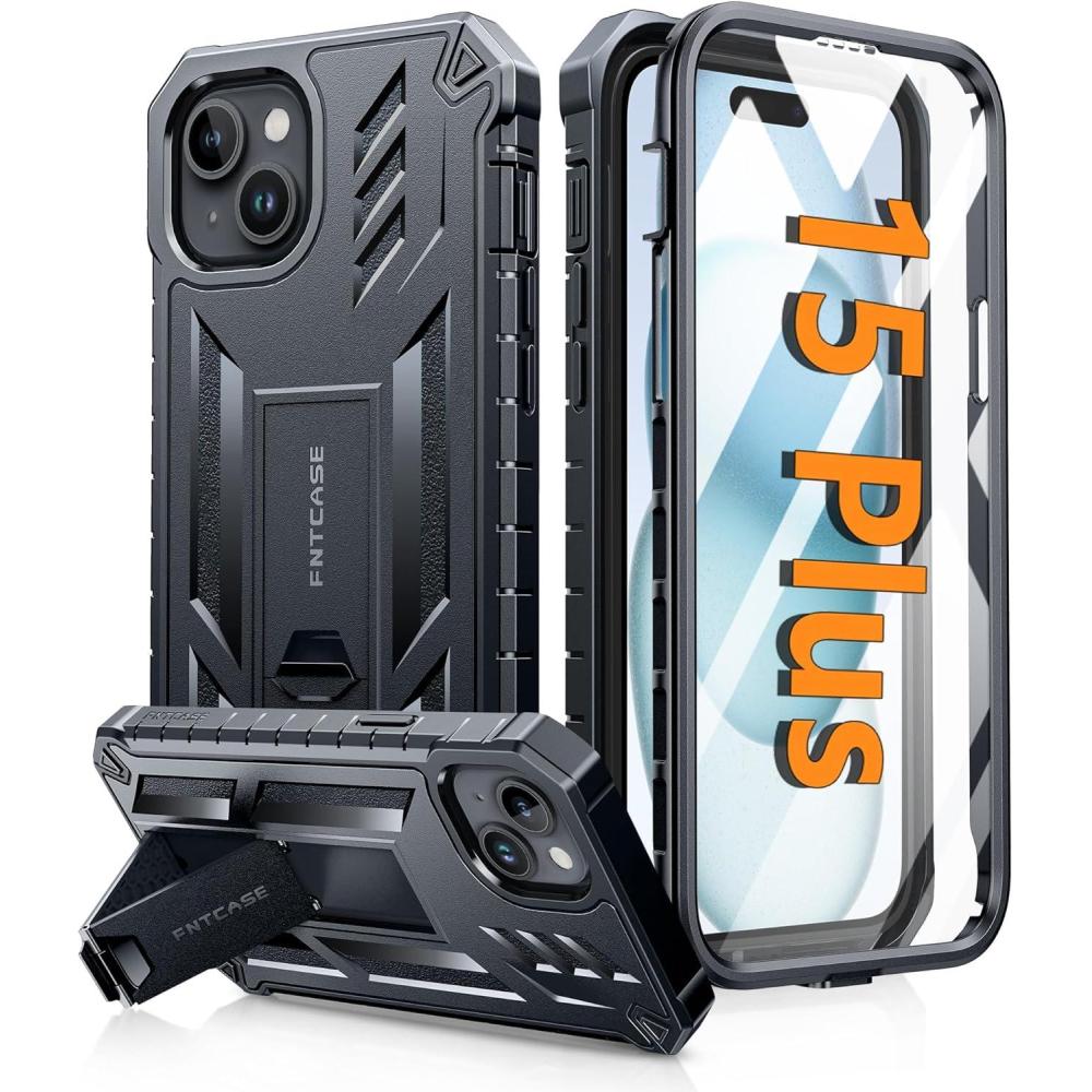 imageFNTCASE for iPhone 15 Plus Case for iPhone 14 Plus Case Military Grade Rugged Cell Phone Cover with Kickstand Shockproof TPU Protection Bumper Matte Textured Design 67 inch BlackBlack