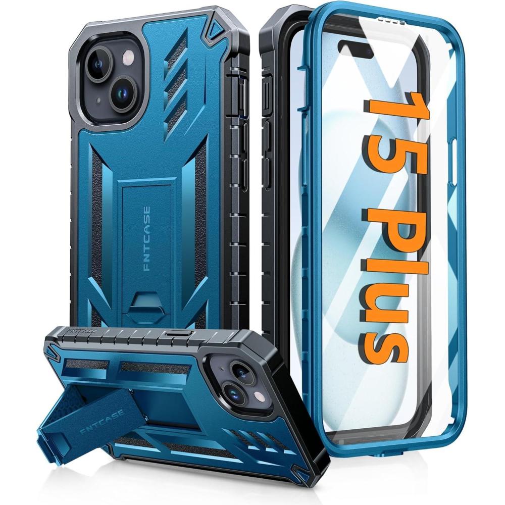 imageFNTCASE for iPhone 15 Plus Case for iPhone 14 Plus Case Military Grade Rugged Cell Phone Cover with Kickstand  Shockproof TPU Protection Bumper Matte Textured Design 67 inch BlackBlue