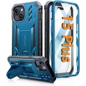 FNTCASE for iPhone 15 Plus Case: for iPhone 14 Plus Case Military Grade Rugged Cell Phone Cover with Kickstand | Shockproof TPU Protection Bumper Matte Textured Design 6.7 inch (Black)(Blue)