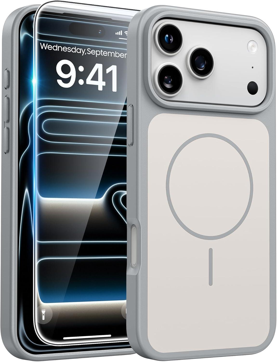 imageFNTCASE for iPhone 17 Pro Max Case Silver Compatible with Magsafe Magnetic Phone Cover with Screen Protector Military Grade Shockproof Protective DualTone Design for 17 ProMax 69 inchSilver