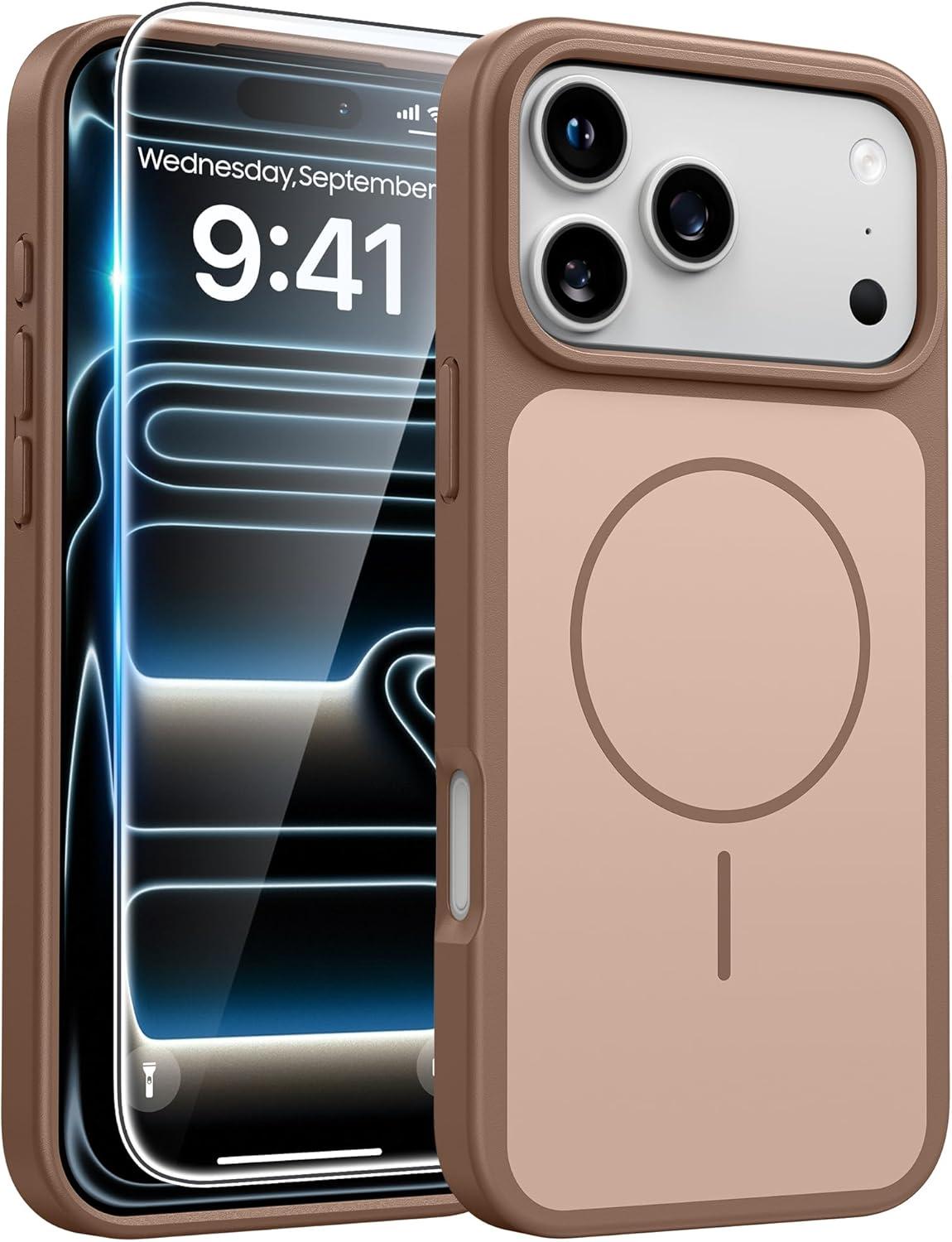 imageFNTCASE for iPhone 17 Pro Max Case Silver Compatible with Magsafe Magnetic Phone Cover with Screen Protector Military Grade Shockproof Protective DualTone Design for 17 ProMax 69 inchBrown