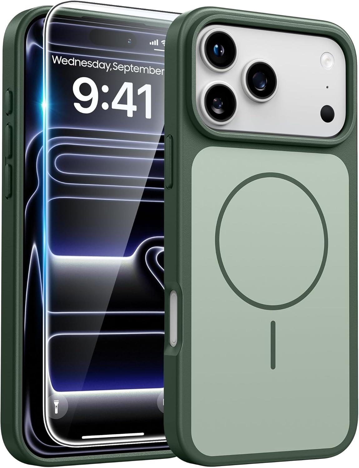 imageFNTCASE for iPhone 17 Pro Max Case Silver Compatible with Magsafe Magnetic Phone Cover with Screen Protector Military Grade Shockproof Protective DualTone Design for 17 ProMax 69 inchGreen