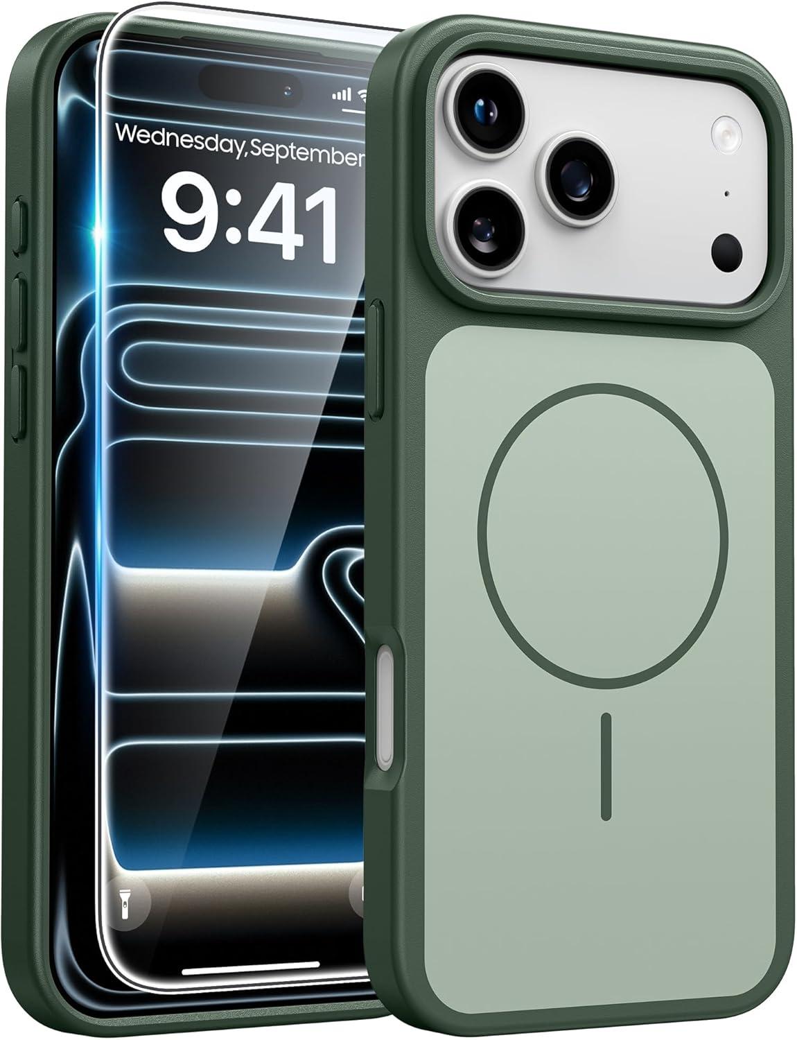 imageFNTCASE for iPhone 17 Pro Max Case Silver Compatible with Magsafe Magnetic Phone Cover with Screen Protector Military Grade Shockproof Protective DualTone Design for 17 ProMax 69 inchGreen