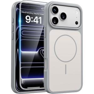 FNTCASE for iPhone 17 Pro Max Case Silver: [Compatible with Magsafe] [Magnetic Phone Cover with Screen Protector] Military Grade Shockproof Protective Dual-Tone Design‌ for 17 ProMax, 6.9 inch(Silver)