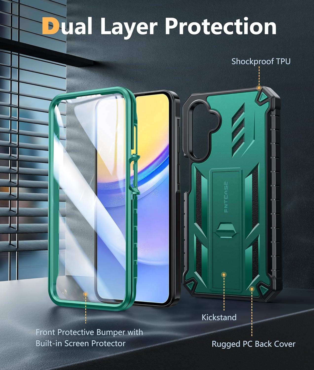 imageFNTCASE for Samsung Galaxy A155G Case Military Grade Drop Proof Protection Phone Cover with Kickstand Heavy Duty Rugged Full Body Protective Shockproof Matte Textured TPU Cases 65 Inch BlackGreen